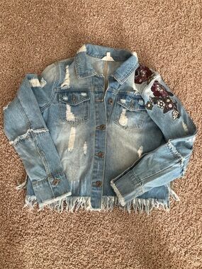 Indigo Thread Co. - Light Wash Distressed Denim Jacket w/ Floral Embroidery (M)